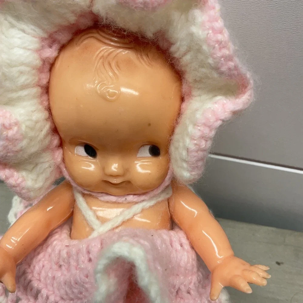 Vintage Irwin USA 6 Inch Hard Plastic Baby Doll Pink Crochet Outfit Side Glance